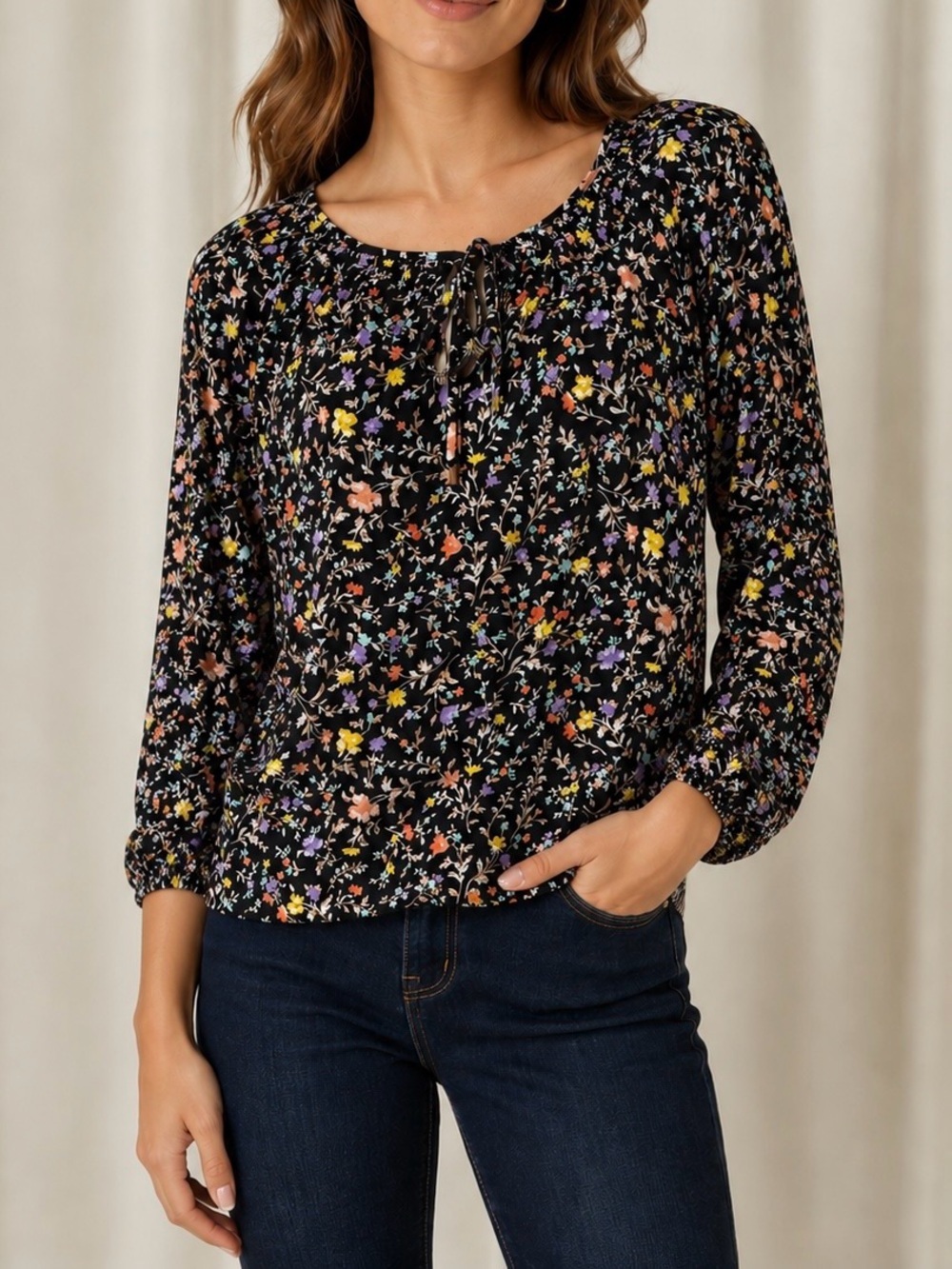 Lauren Ralph Lauren Boho Floral Tie Front Puff Sleeve Peasant Blouse Top Size S